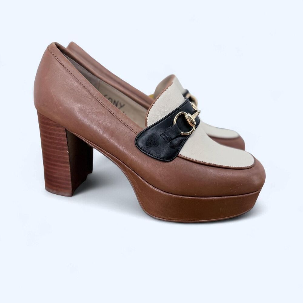 Colorblock Platform Heeled Loafers Tan Cream Black Horsebit Retro Gritty Boho